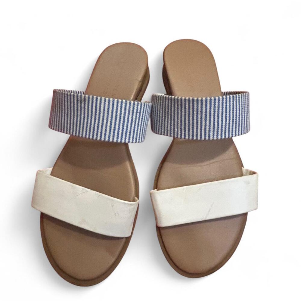 White and blue striped leather